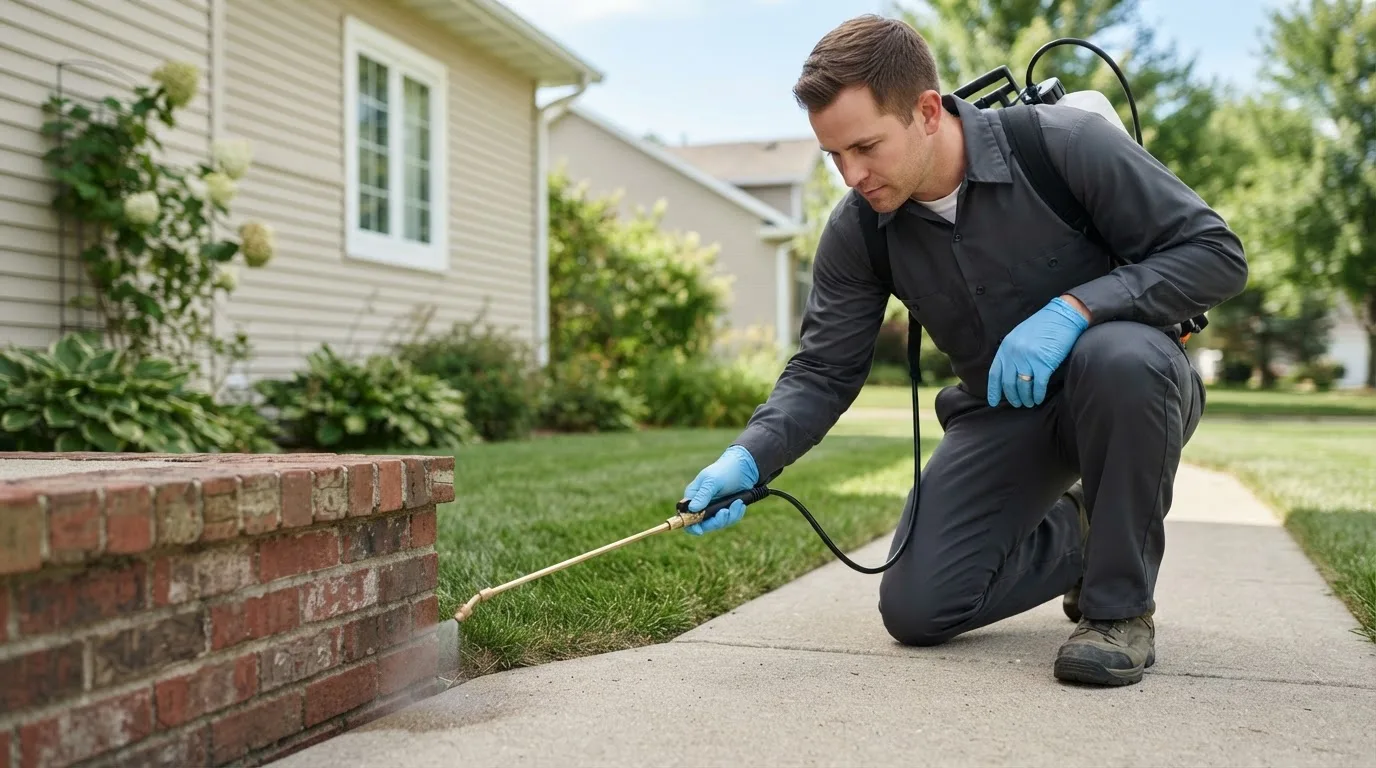 Pest control technician treating a home near Rainbow Lake, NY