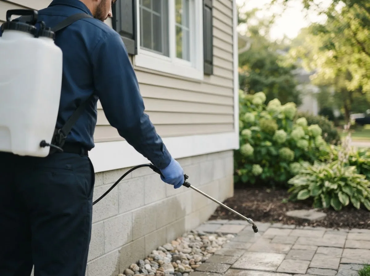 Pest control technician inspecting a home in Rainbow Lake, NY